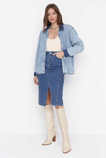 Trendyol Collection Fustă midi Denim cu Cusături Detaliate Albastru TWOAW23ET...