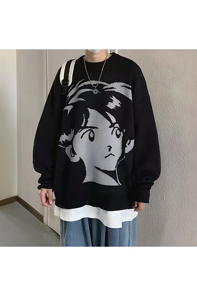Touz Anime Girl &amp; Boy Harajuku Vintage Streetwear Pulover Unisex Negru Tricotaj