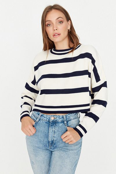 Trendyol Collection Ecru Crop Striped Knitwear Svetr TWOAW23KZ00205