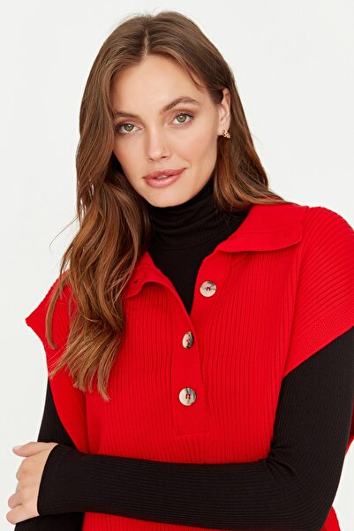 Trendyol Collection Piros kötött pulóver oldalsó nyakkendővel - gallér gomb TWOAW23SV00086