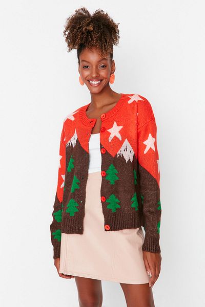 Trendyol Collection Roter Strick-Cardigan mit Landschaftsmuster TWOAW23HI00436