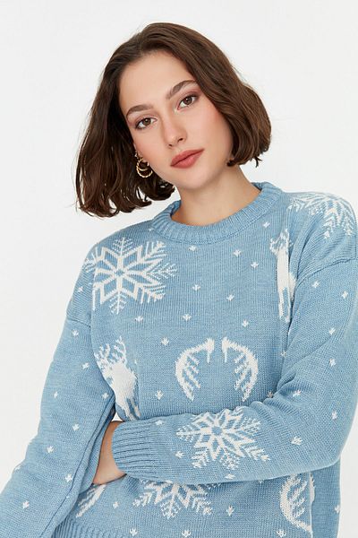 Trendyol Collection Pulover Jacquard cu tematică de Crăciun albastru TWOAW23KZ01591