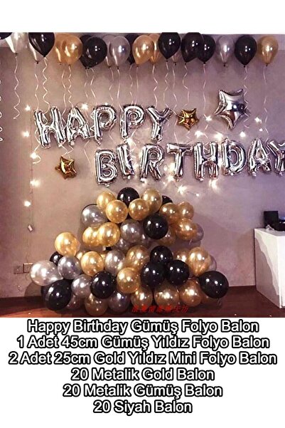 Parti dolabı 60lı Gold-Gümüş-Siyah Balon Konsepti Doğum Günü Partisi Süsleme Malzeme Seti