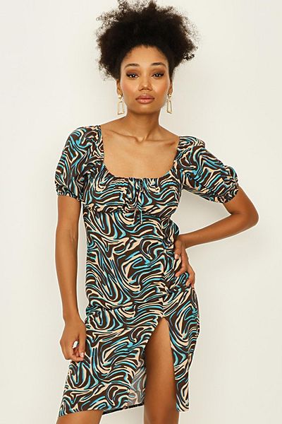 Select Moda Rochie de damă albastră cu imprimeu cu decolteu pătrat cu mâneci cu balon