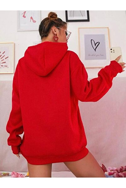 Buğraterzimoda Hawkings Printed Kangaroo Pocket Hooded Red Sweatshirt Hoodie