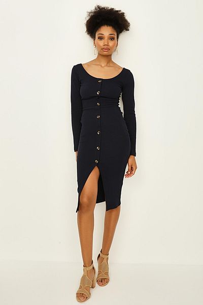 Select Moda Women's Navy Blue Round Neck Long Sleeve Slit Camisole Dress