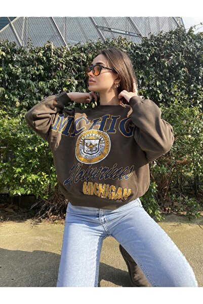 Jose Clothing Γυναικείο φούτερ με στάμπα με τρία νήματα σε χακί χρώμα Oversize Crew Neck Michigan