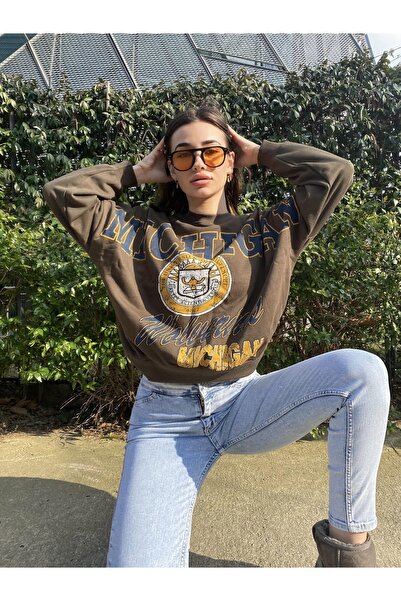 Jose Clothing Γυναικείο φούτερ με στάμπα με τρία νήματα σε χακί χρώμα Oversize Crew Neck Michigan