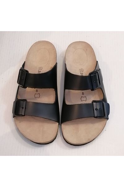 D By Divarese Genuine Leather Matte Patent Leather Black Double Banded Buckle Leather Inner Cork Eva Sole Slippers
