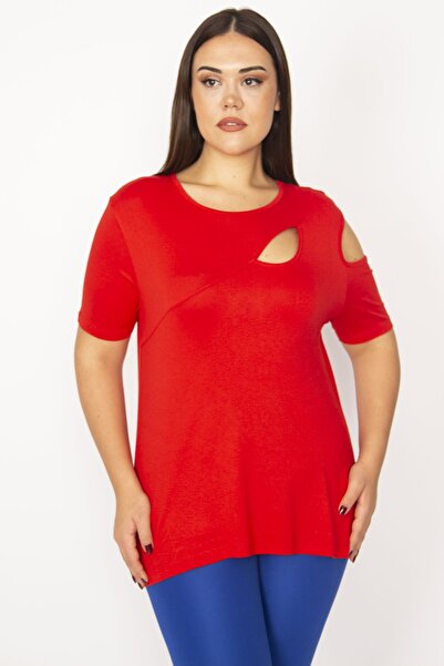 Şans Women's Large Size Red Shoulder and Chest Low-cut Blouse 65n33938