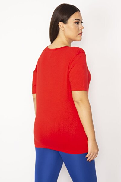 Şans Women's Large Size Red Shoulder and Chest Low-cut Blouse 65n33938