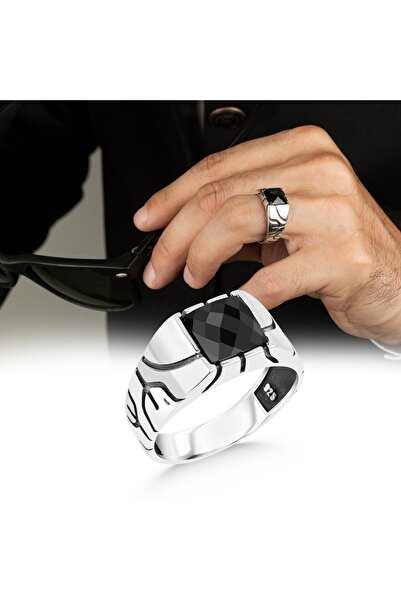 Argento Silver 925 Ayar Gümüş Erkek Yüzük Faset Kesim Siyah Zirkon Taşlı