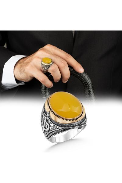 Argento Silver 925 Ayar Gümüş Erkek Yüzük Sarı Akik Taşlı
