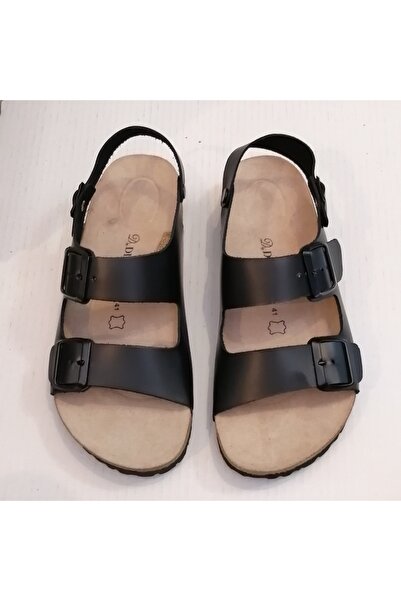 D By Divarese Uniseks Hakiki Deri Mat Rugan Siyah Çift Bantlı Siyah Tokalı Deri Iç Mantar Eva Tabanlı Sandalet