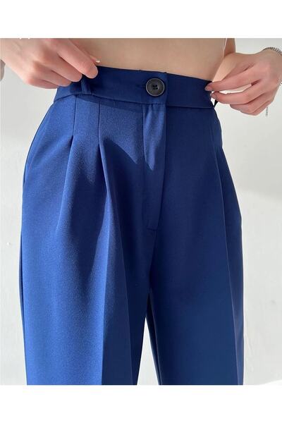 MAGZA Kadın Lacivert Pileli Cepli Kumaş Palazzo Pantolon