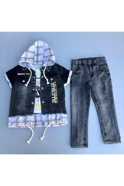 Sparrow Laurel Costum Eid, vestă din denim brodat neagră pentru băiat, costum din 3 piese din Jean