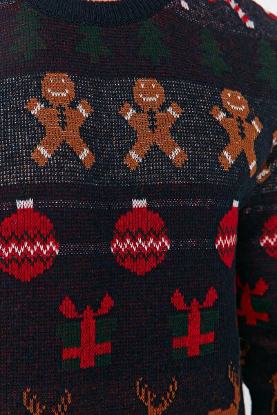 Trendyol Collection Sötétkék, normál szabású gyapjú nyakú, újévi kötöttáru pulóver TMNAW21KZ1365