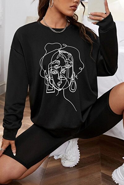 MOONBULL Hanorac negru supradimensionat pentru damă cu figurină de față Figur...