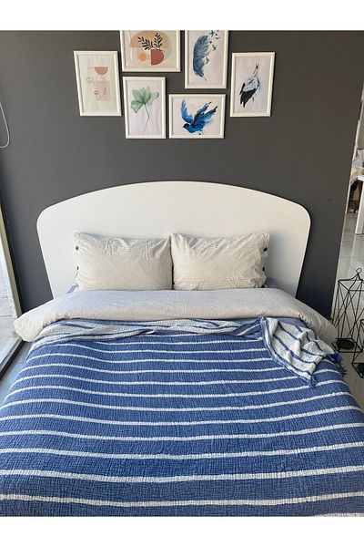 YASEMİNİNEVİ Indigo Striped King Size Bedspread/pike