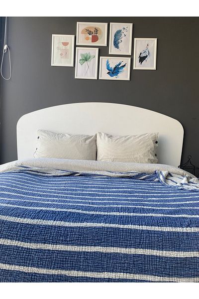 YASEMİNİNEVİ Indigo Striped King Size Bedspread/pike