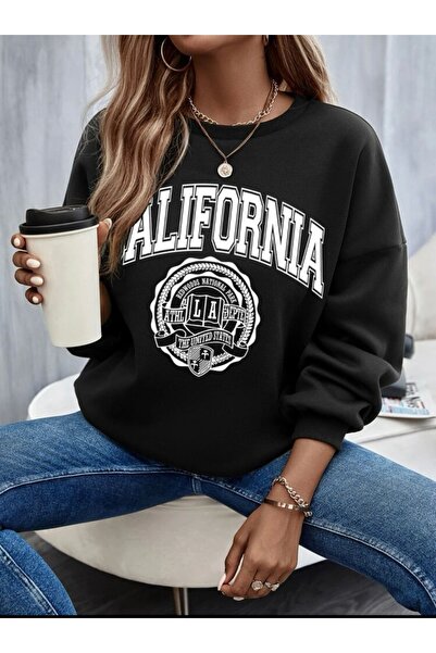 MOONBULL Hanorac oversize negru cu imprimeu California pentru femei