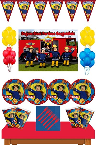 İtfaiyeci Sam Birthday Concept Party Supplies for 8 People 70x100 Cm with Banner