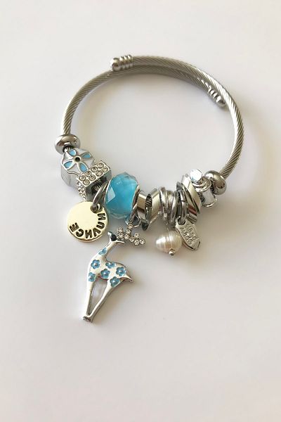 SilverStone Women's Charmed Model Blue Lama Flower Shiny Stone Silver Color Steel Bracelet