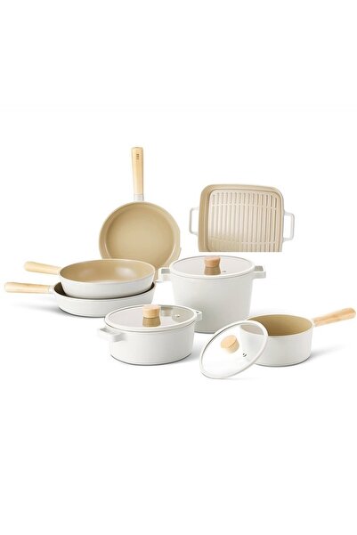 NEOFLAM Fika Alüminyum Döküm 10 Parça Bej Cam Kapaklı Tencere Tava Seti