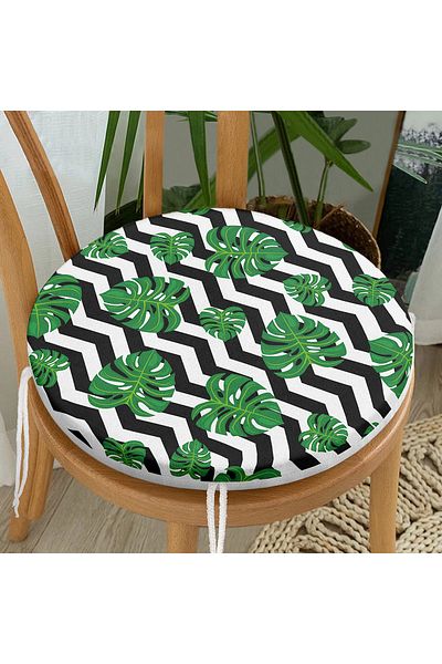 Realhomes Zigzag Zebra Themed Leaf Drawing Digital Printed Round Zippered Chair Cushion