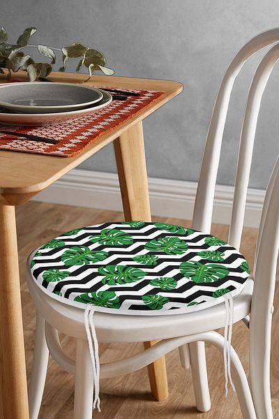 Realhomes Zigzag Zebra Themed Leaf Drawing Digital Printed Round Zippered Chair Cushion