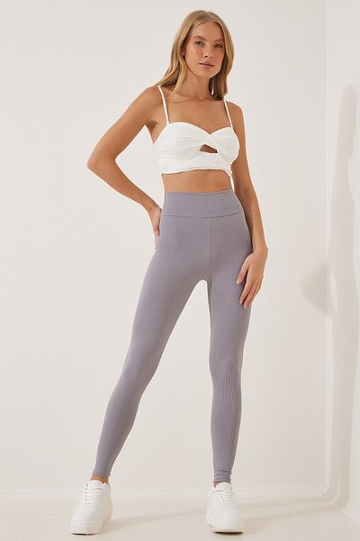 Happiness İstanbul Women's Gray High Waist Ribbed Seamless Knitted Tights XR00001
