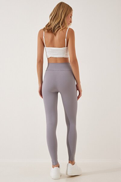 Happiness İstanbul Colanți tricotați fără cusături, gri, cu talie înaltă, cu nervuri XR00001