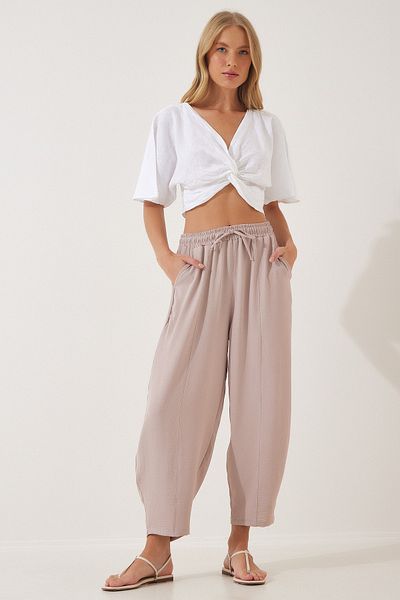 Happiness İstanbul Damen-Shalwar-Hose aus cremefarbenem Leinen CI00036