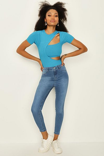 Select Moda Pantaloni skinny de damă albastru deschis cu talie înaltă