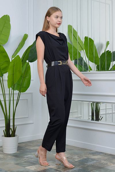 Neşeli Butik Women's Padded Belt Detailed Black Jumpsuit with Zero Sleeve Pockets Nb10051