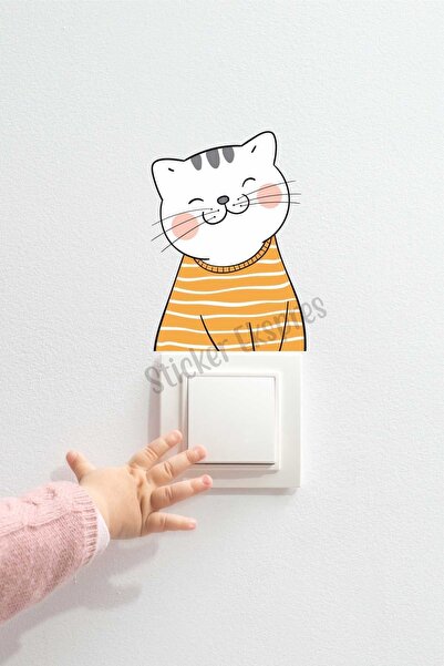Sticker Ekspres Çizgili Sevimli Kedi Çocuk Odası Priz Sticker