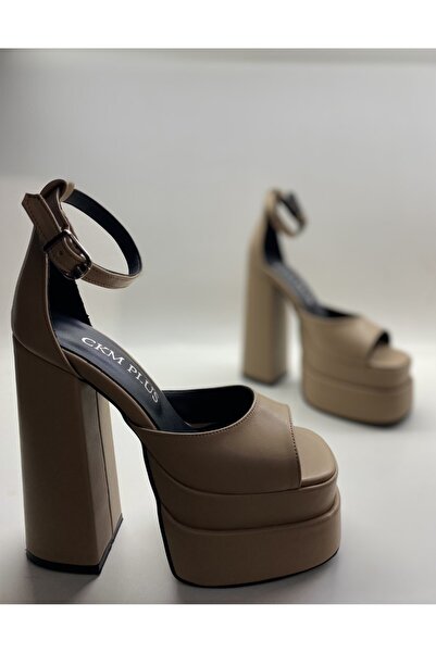 HAYYSHOES Nude Deri Bilekten Bağlamalı Çift Platform Topuklu Sandalet