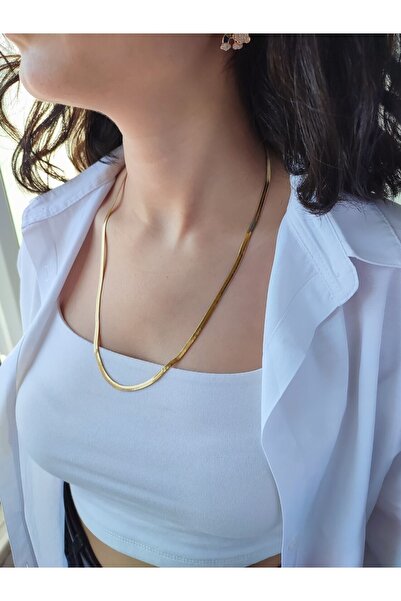 Evorya Paslanmaz Çelik Italyan Yassı Zincir Yaldızlı Gold 60 Cm Kadın Kolye