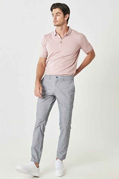 ALTINYILDIZ CLASSICS Men's Navy Blue Slim Fit Narrow Cut Striped Flexible Trousers