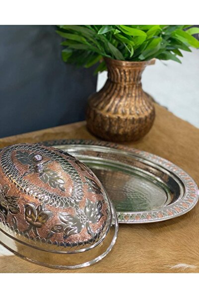 As El Sanatları Bakır El Işlemeli Kapaklı Kayık Sunumluk Çift Renkli 40 Cm