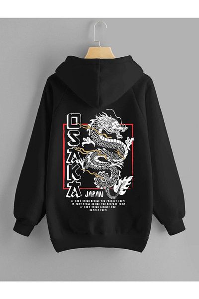 DEEPSENCE Black Unisex Oversize Hooded Sweatshirt Osaka Back Print