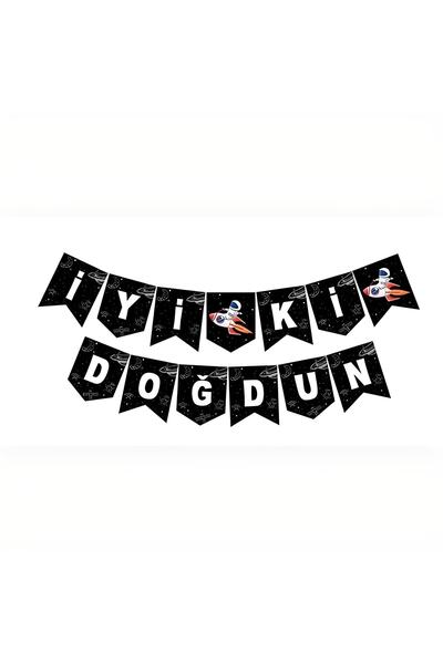 Patladı Gitti Space Themed Zigzag Banner Happy Birthday