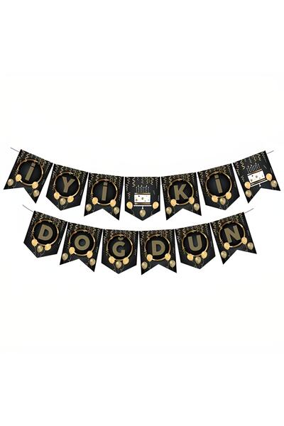 DÜVENCİ TİCARET Πανό Ζιγκ-ζαγκ - Μίνι Κατάστημα Ειδών Πάρτι, Μαύρο Χρυσό, Χρό...