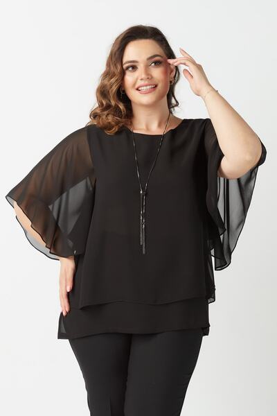 Moda Alba بالإضافة إلى حجم بلوزة الشيفون مع قلادة سوداء الأكمام الخفافيش