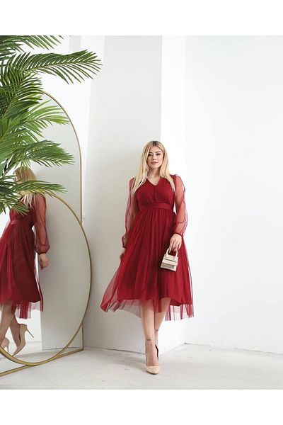 rengamoda Rochie de mireasă de absolvire din tul, căptușită în interior, pentru damă