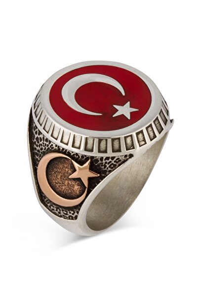 Anı Yüzük Ay Yıldız Ve Osmanlı Armalı Türk Bayrağı Gümüş Erkek Yüzük Kırmızı