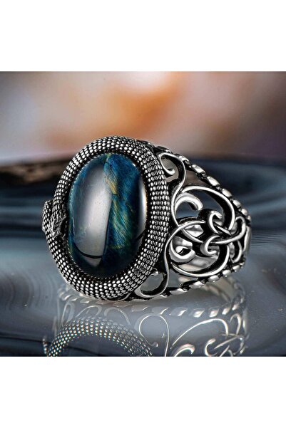 Anı Yüzük Furious Snake Yılan Motifli Mavi Kaplangözü Taşlı Gümüş Erkek Yüzük