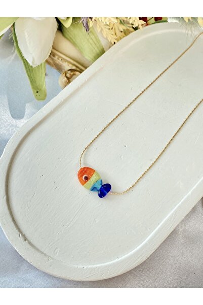 SWORDS CONCEPT Altın Kaplama Zincirli Murano Cam Gökkuşağı Balık Kolye