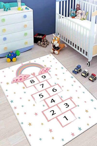 VİOLA CONCEPT Dijital Baskılı Kaymaz Taban Yıkanabilir Halı Pembe Seksekli Yı...