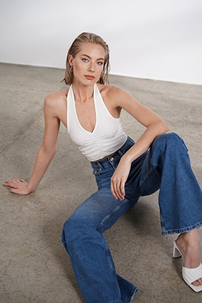 Trn JNS Blugi largi din Lycra albastru mediu cu talie super inalta Pantaloni palazzo lati